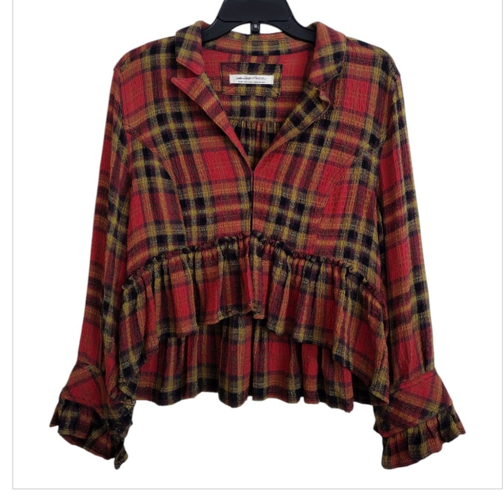 We The Free Free People Orange Yellow Plaid Ruffle Hem Top Size Small